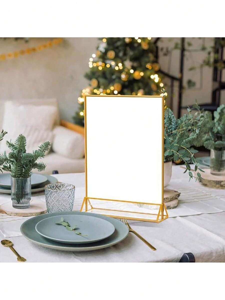 Suporte para Número de Mesa de Casamento em Acrílico Transparente 10*18cm com Bordas Douradas, Moldura Dupla Face para Fotos, Ideal para Cardápios de Restaurante, Receitas e Exibição de Fotos. - Ver 1