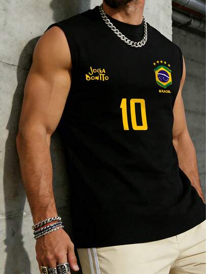 Camiseta de tirantes deportiva para hombre, Camiseta retro de fútbol de Brasil - Legendario número 10, Atuendo casual de aficionado al fútbol, Camiseta de fútbol, Ropa deportiva de ajuste regular sin mangas, Tela suave y cómoda