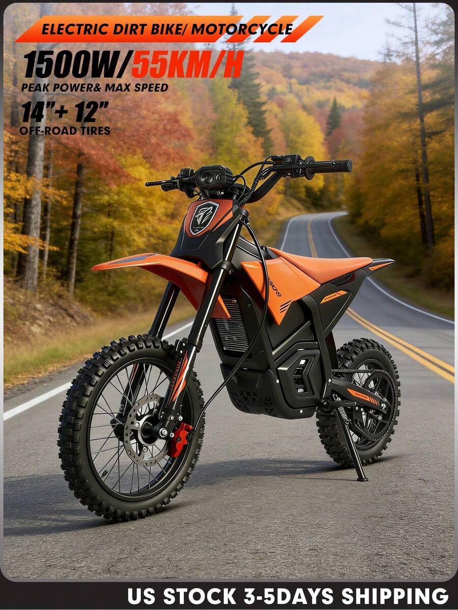 Mankeel Adventure Off-Road 1500W(PEAK 3000W) Motor Electric Motorcycle/ Dirt Bike - 55KM/H (34MPH), 60KM (38MILE) Range, 48V 20.8AH Li-Ion, 14'+12' Off-Road Wheels, Hydraulic Shock Absorption + Spring Damping, Oil Brake + Disc Brake - Electric Pitbike For Outdoor Adventures & Commuting - Ideal Holiday Gift - 橘色 - 查看 1