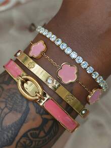 1/4pcs Stainless Steel 18K Gold Plated Colorful Dopamine Clover Bangle Bracelet Set, Suitable For Women Music Festival Wear, Personalized Jewelry Set, Waterproof & Fade-Resistant - Bracelet Set - View 4