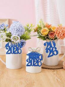 12pcs/Set Gold & Blue Glitter "Class Of 2026" Graduation Party Vase Tags Decorations - Royal Blue - View 3