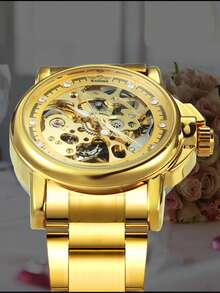 T-WINNER 1件女士时尚优雅奢华镂空自动机械表，不锈钢表带，商务休闲腕表，含礼盒 - 金色 - 查看 3