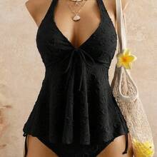 2026 European & American Style Lace Bikini, Halter Tie Ruffle Hem Tummy Control Two Piece Swimsuit For Hot Spring & Beach - Black - View 2