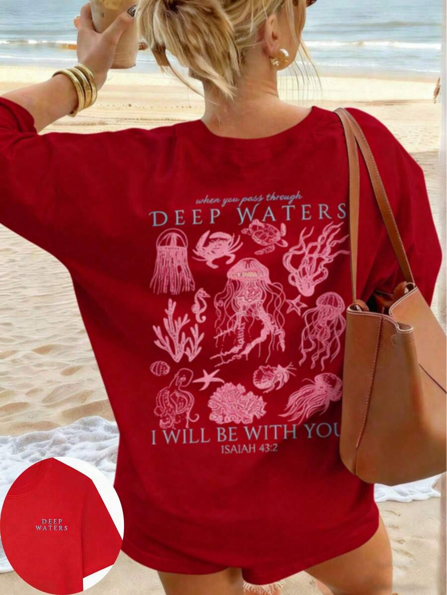 Women's Summer New Simple Cute Marine Life Print Casual Vacation Style Loose Versatile Round Neck White Short-Sleeved T-Shirt Fashionable Daily Tops Suitable For Daily Vacation Wear. Graphic Tees Women Pink Top-Unisex Comfortable Vintage Street Style Loose-Fit Washed T-Shirt - 紅色 - 查看 1