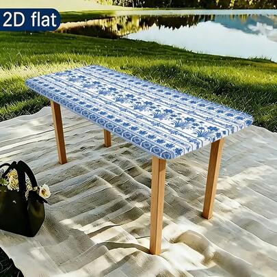1pc Elastic Edge Tablecloth, Lightweight & Washable, Vintage Blue & White Porcelain Floral Design, Suitable For Housewarming Gift, Home Decor, Family Gatherings, Outdoor Use, Festivals, Indoor/Outdoor