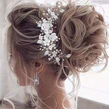 Exquisite Handmade White Soft Ceramic Flower Silver Metal Leaf Bridal Wedding Headpiece Hair Accessories Valentine's Day Accessories - White - View 6