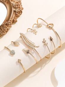 6pcs Fashionable Versatile Leaf, Heart & Geometric Bangle Bracelets, Suitable For Women's Daily Wear, Party, Jewelry Gift, Summer Accessories - Yellow Gold - View 5