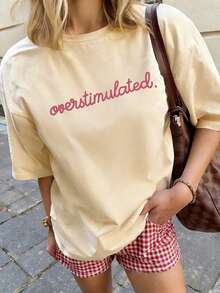 Kaos Wanita Lengan Pendek Kasual Kerah Bulat - Motif Cetak, Kain Lembut & Nyaman, Dapat Dicuci dengan Mesin, Atasan Musim Panas - Aprikot - View 3