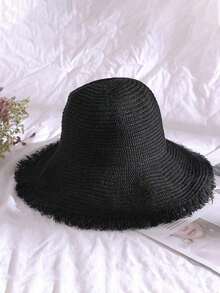 1pc Women's Straw Hat, Large Brim Sun Hat For Beach, Travel, Vacation, UV Protection, Spring/Summer - Black - View 4