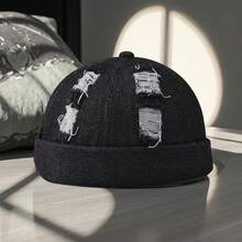Fashionable Water-Washed Denim Frayed Brimless Hat, A Comfortable And Versatile Everyday Cap, A Cool Hip-Hop Hat - Black - View 6