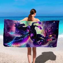 1pc Extra Large Colorful Flying Unicorn Beach Towel - Soft, Absorbent, Quick-Drying, Lightweight Polyester Fabric With Cosmic Starry Pattern, Suitable For Beach, Camping, Travel, Swimming, Fantasy Themed, Fast Drying Material - 2 - View 2