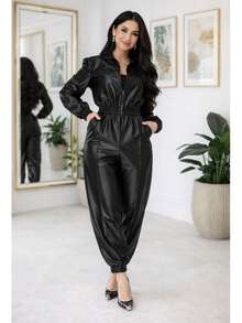 Women's Set: Long-Sleeved Blouse With Shoulder Pads And Jogger Pants In Thick Satin Crepe With Elastane, Fitted Cuffs, Stylish, Modern And Sophisticated - 黑色 - 查看 1