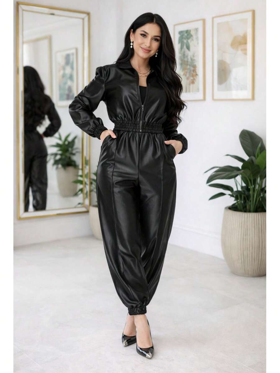Women's Set: Long-Sleeved Blouse With Shoulder Pads And Jogger Pants In Thick Satin Crepe With Elastane, Fitted Cuffs, Stylish, Modern And Sophisticated - 黑色 - 查看 1