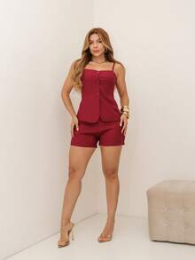 RAINBOW Set With Vest And Shorts Blouse With Button And Elasticated Waist Shorts With Zipper And Button Sizes M/L/XL 36-42 Tailored Plain Luistwill Casual Elegant Women's - 葡萄酒 - 查看 5