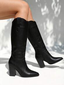 Botas largas de mujer con punta afilada, tacón grueso, cremallera, estilo occidental moderno para oficina y uso diario - Negro - Ver 3