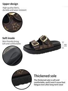 Retro blommiga damsandaler med dubbla spännen, slip-on-tofflor med tjock sula, bekväma och mångsidiga sommartofflor för utomhusbruk, kilklackade sandaler - Kaffebrun - Visa 10