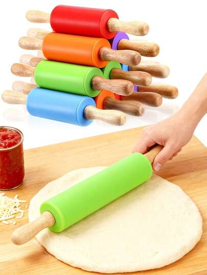 1 pièce Rouleau à pâtisserie en silicone avec manche en bois, convient pour le pétrissage et la cuisson de pâte anti-adhésive. Applicable pour la pizza, la tarte, les biscuits, les raviolis, les nouilles et autres appareils, outils et accessoires de cuisine