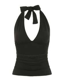Áo tank top nữ màu đen không tay cổ yếm hở lưng dáng ôm, áo crop top ôm sát cổ chữ V mùa hè. - màu đen - Xem 7