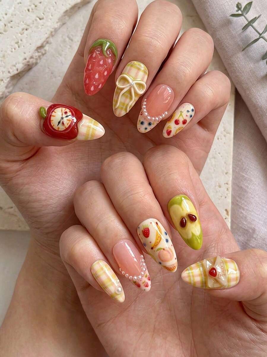 30 Stück kurze mandelförmige Aufklebe-Nägel mit Obst-Karo- und 3D-Schleifen-Design, süßer Apfel-Erdbeere-Muster, glänzende Vollabdeckung für Frauen und Mädchen, Y2K-Stil - Verschiedenfarbig - Übersicht 1