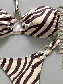 2pcs Solid Color Striped Casual Elegant Backless Tie-Front Bikini Swimwear, Beach Vacation Summer - Coffee Brown - View 5
