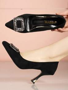 Giày cao gót mũi nhọn khóa vuông đính pha lê thời trang, gót mỏng màu đen, kiểu dáng slip-on dành cho nữ. - màu đen - Xem 6