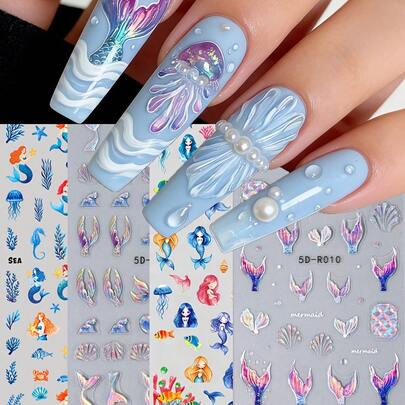 Bộ 4 miếng dán móng tay hình nàng tiên cá 5D dập nổi, hiệu ứng ba chiều - Chủ đề đại dương mùa hè, đuôi nàng tiên cá, thiết kế sứa và vỏ sò, decal dán móng tự dính dành cho nữ, thích hợp trang trí nhà cửa theo chủ đề bãi biển trong kỳ nghỉ.