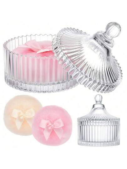 Transparent Striped Glass Cosmetic Jar With Lid And Fluffy Powder Puff, Victorian Style Luxury Cosmetic And Jewelry Storage Box, Elegant Bathroom Decor, Striped Decorative Powder Puff Jar, Classic Cosmetic Jar, Vanity Essential, Women Cosmetic Storage Gift, Powder Puff Jar