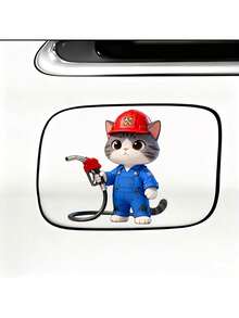1pc Car Sticker, Car Decal, Gas Tank Sticker, A Small Cat Wearing Blue Overalls And Red Cap Refueling Your Car, PVC Material Self-Adhesive Removable Waterproof, Car Decoration, Decorative Sticker - Multicolor - View 5