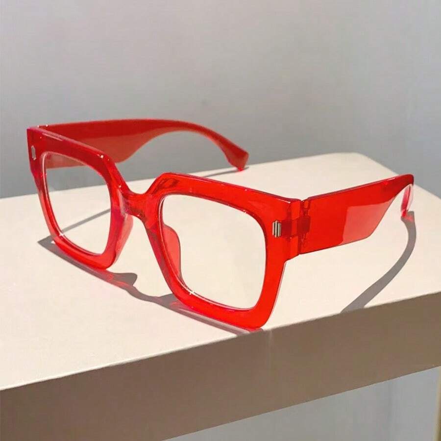 1pc Plastic Frame Big Square Transparent Fashion Clear Lens Glasses, Classic Design, Suitable For Both Men And Women, Modern Minimalist Style For Daily Life, Office, Reading, TV, And Mobile Phone - 紅色 - 查看 1