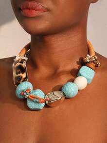 1pc Bohemian Style Necklace With Blue-Green Crackle Beads & Leopard Print Decor, Brown Braided Rope Necklace, Suitable For Women's Daily Wear - Multicolor - View 6