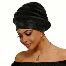 Shimmer African Head Wraps Solid Color Multi-Layer Church Turban For Women Stretch Hat - Black - View 1