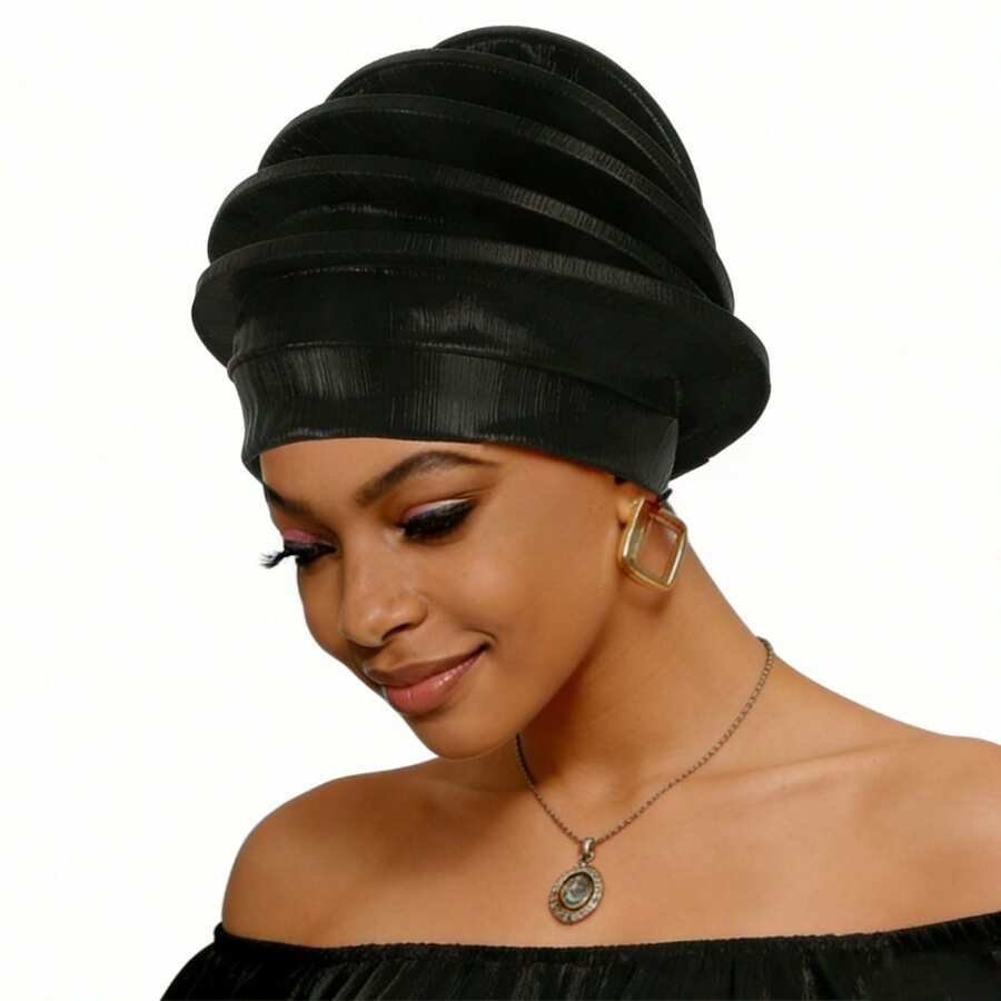Shimmer African Head Wraps Solid Color Multi-Layer Church Turban For Women Stretch Hat - Black - View 1
