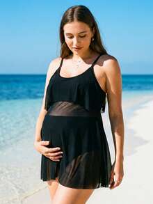 Maternity Solid V-Neck Tankini Bikini Set Set - Black - View 4