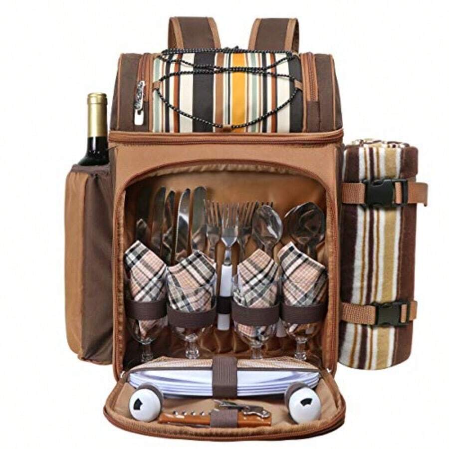 Hap Tim Mochila de picnic para 4 personas con bolsa térmica a prueba de fugas soporte para vino manta de forro polar juego de cubiertos perfecto para playa viajes de día senderismo camping barbacoas regalos familiares y amantes - Marrn - Ver 1