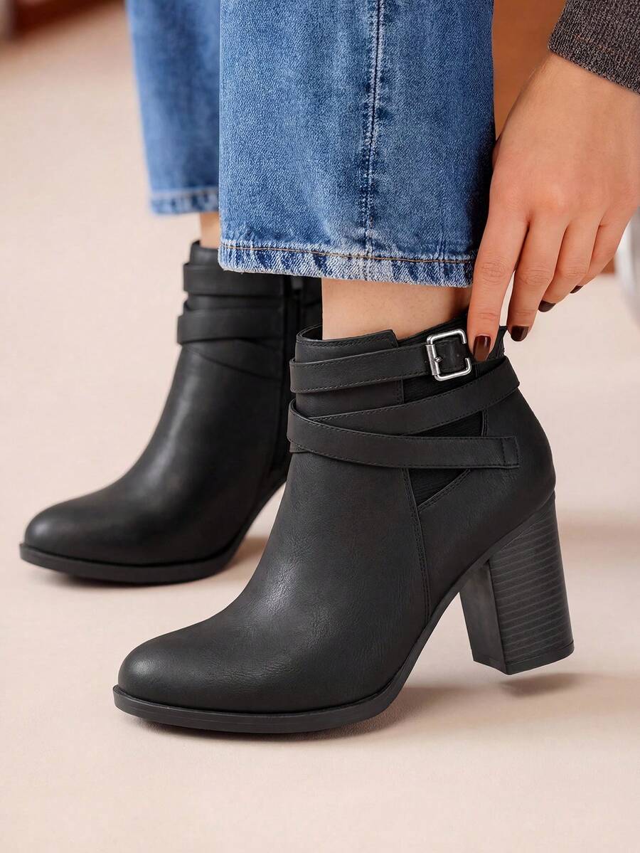 Chunky High Heel Ankle Boots Close Toe Fall Heeled Booties Shoes - 黑色 - 查看 1