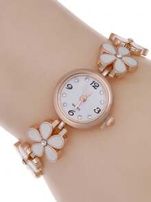 奶油色五瓣花手镯腕表 | 柔美玫瑰金镶钻石英表 | 小众高端学生通勤百搭女士腕表 1件/套 - 白色 - 查看 2