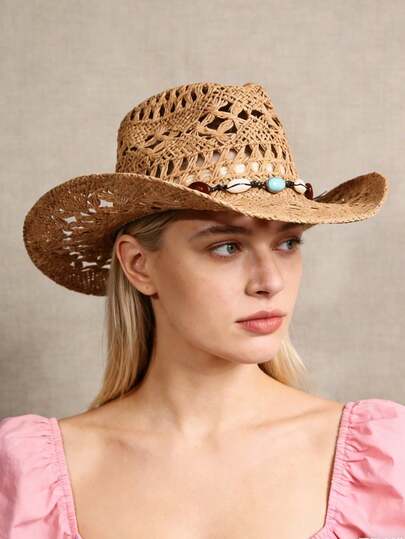 1 chiếc mũ Panama dệt thoáng khí unisex, màu trơn, vành rộng, trang trí đá lấp lánh, kiểu mũ cao bồi miền Tây, mũ rơm in họa tiết rỗng, thích hợp cho mùa xuân, mùa hè, du lịch, bãi biển, che nắng thường ngày. (Sau khi nhận sản phẩm, nếu vành mũ bị biến dạng, cần phải tự điều chỉnh lại hình dạng ban đầu.)