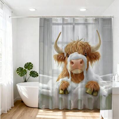 Rèm tắm hình bò cao nguyên dễ thương, họa tiết bò cao nguyên lông xù đáng yêu đang tắm trong bồn, chất liệu polyester chống thấm nước và chống nấm mốc, kèm 12 móc treo, trang trí phòng tắm chủ đề động vật trang trại vui nhộn cho trẻ em và người lớn, quà tặng trang trí nhà cửa hình bò cao nguyên Scotland cho người yêu động vật.