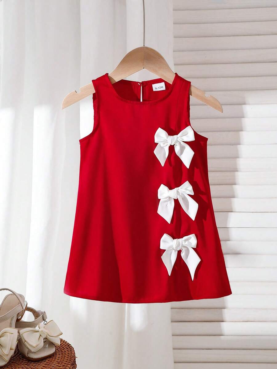 Baby Girls' Sleeveless Dress, Round Neck Simple & Neat, Decorated With 3 White Bow Ties On Right Side, Contrast Color Design Lively & Eye-Catching, Playful & Cute Style, Suitable For Baby Girl Day Or Everyday Wear - Red - View 1