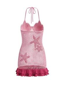 Đầm dệt kim cổ chữ V thắt eo đính ngọc trai kiểu dáng châu Âu và Mỹ mùa hè 2026 dành cho nữ, đầm mini móc thủ công xuyên thấu gợi cảm không tay dây mảnh, màu hồng. - Hồng - Xem 5