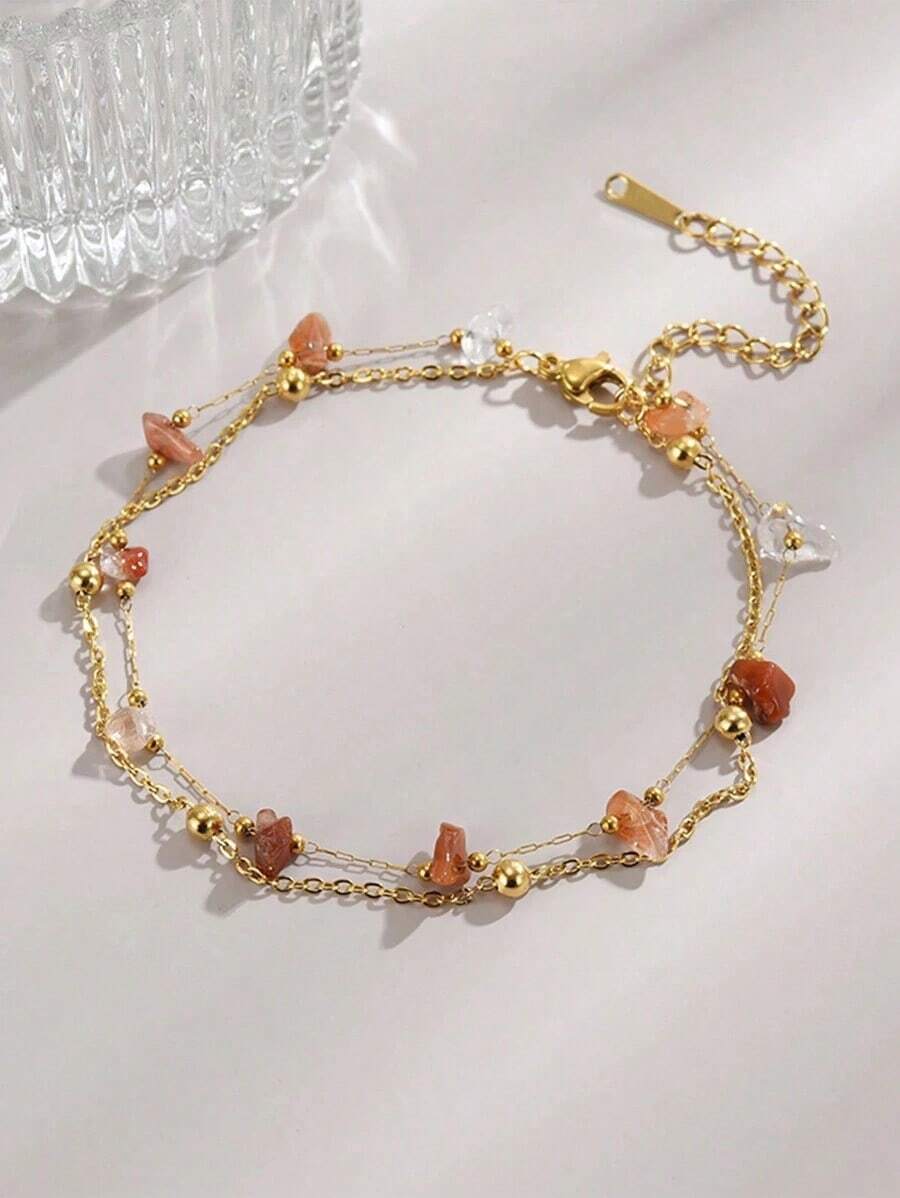 1pc Natural Stone Stainless Steel Anklet Women, Summer Beach Foot Jewelry (Note: Asymmetrical Stones, Varied Stone Sizes, Color Differences, Handmade So Chain Length May Vary) M1AI - Silver - View 1