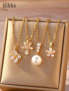 Hihho Dây chuyền nhiều lớp hình cỏ bốn lá đính đá Cubic Zirconia và hoa năm cánh đính ngọc trai, phù hợp cho phụ nữ đi làm hàng ngày, hẹn hò, đa năng, dễ phối với váy vào mùa xuân và trang phục trễ vai vào mùa hè, tạo nên vẻ quyến rũ. - Vàng - Xem 7