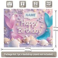 1 pieza Fondo personalizable con tema de sirena soñadora para fiesta de cumpleaños, cola de sirena rosa y azul con diseño de conchas de perlas falsas de colores, nombre personalizado con tema de sirena para decoración de fotografía de pastel de cumpleaños, actividad artística para niños - Morado - Ver 6