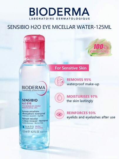 Bioderma Nước tẩy trang mắt Sensibio H2O, dung dịch micellar hai pha dành cho lớp trang điểm mắt và môi không thấm nước, 70% nước micellar + 30% pha dầu, loại bỏ lớp trang điểm cứng đầu, lâu trôi mà không cần chà xát, làm dịu da nhạy cảm, tăng cường lông mi, chứa Vitamin B5 và phức hợp DAF™, không cần rửa lại, đã được bác sĩ nhãn khoa kiểm nghiệm, phù hợp cho người đeo kính áp tròng, sản phẩm chăm sóc da của Pháp. 125ml/4.2 fl oz
