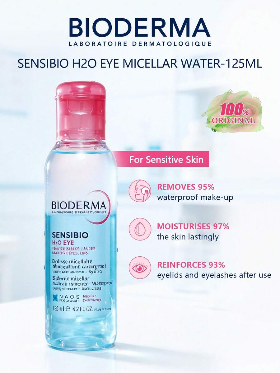 Bioderma Sensibio  眼部卸妆液，双相胶束卸妆液，专为防水眼唇妆设计，70% 胶束水 + 30% 油相，无需揉搓即可卸除顽固持久彩妆，舒缓敏感肌肤，强韧睫毛，蕴含维生素 B5 和 DAF™ 复合物，无需冲洗，经眼科医生测试，隐形眼镜佩戴者适用，法国护肤品牌。125 毫升/4.2 液盎司