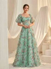 Women's Mini Floral 3D Mesh Sweetheart Collar Extra Long Evening Gown Vacation - Mint Green - View 2