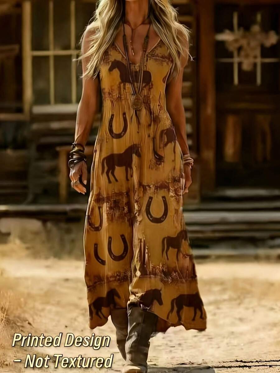 Horseshoe Horse All-Over Print Women's V-Neck Sleeveless Maxi Dress, Polyester Fiber Fabric, Lightweight And Breathable, Women's Clothing, Regular Women's Clothing, Women's Dress, Women's Long Dress - Nhiều màu - Xem 1