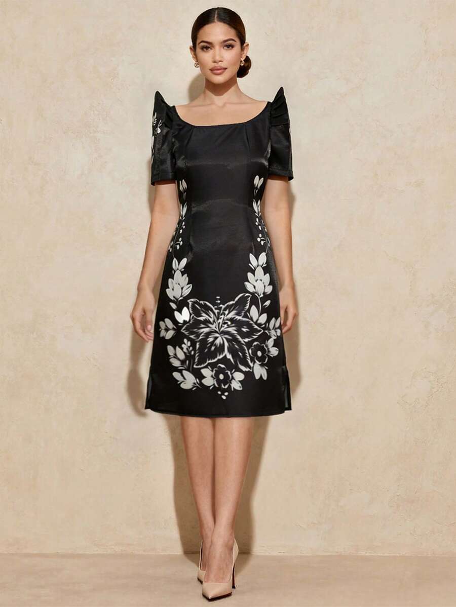 Amyenjoylife 现代菲律宾传统服饰优雅连衣裙,蝴蝶袖设计,花卉印花,短袖,适合度假、各种场合、日常穿着,春夏款,黑色 - 黑色 - 查看 1