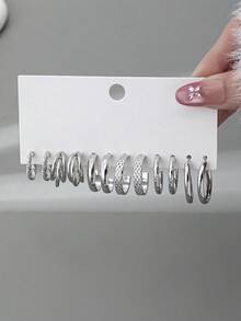 12/24/60pcs Vintage Punk Style Women Fashion Hoop Earrings Set, Bohemian Versatile Design, Suitable For Daily Wear, Dating, Party, Gift For Friends - Silver - View 5