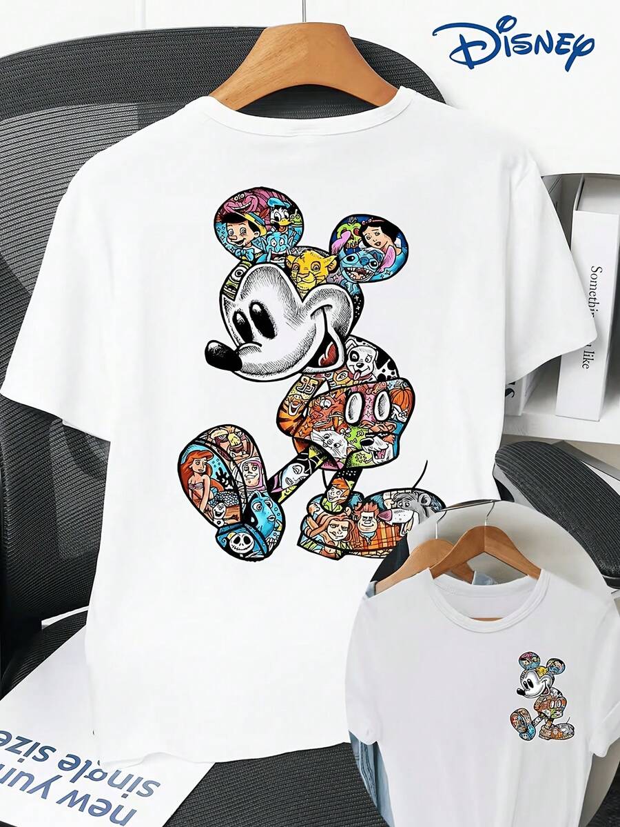 Women's Short Sleeved T-Shirt, Double-Sided Printing On The Front And Back, Disneyland, Mickey Mouse Cartoon Image Printed Short Sleeved Round Neck T-Shirt, Casual And Fashionable Short Sleeved T-Shirt, Slightly Elastic, Non Transparent, Easy To Care For Material, Ideal For Daily Wear, Women's T-Shirt, Disney Shirt, Disney Shirts, Summer Outfits For Women, Spring Outfits For Women, Officially Licensed Disney T-Shirts, Disney Men's And Women's Spring/Summer Fashion Casual Short-Sleeve T-Shirts - trắng - Xem 1